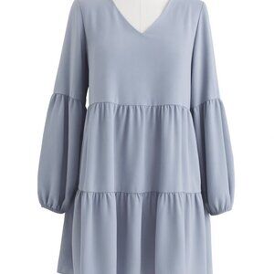 Amazon Boho Chic Blue Long Sleeve Tiered V-Neck Tunic Dress L NIB